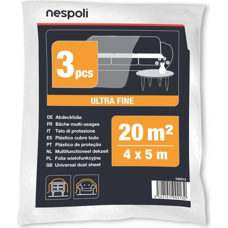 Nespoli – Set 3 Teli Copritutto 4x5m per la Protezione di Mobili e Arredi Interni, Teli per Imbiancare Ampi e Resistenti da 20 m² - Telo Copritutto in Plastica Ultra Fine, Flessibile e Antistrappo
