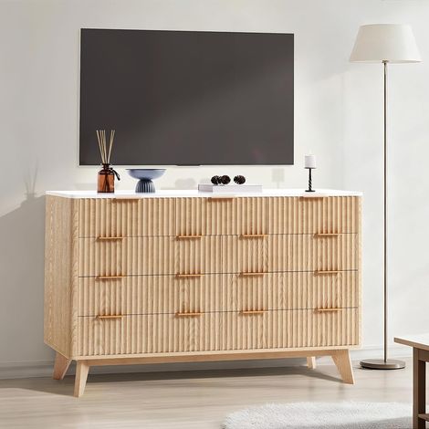 Commode moderne à 9 tiroirs au design de façade ondulée, tiroirs coulissants spacieux et pieds biseautés robustes, buffet de rangement pour intérieur chic, 137 cm (1/5)