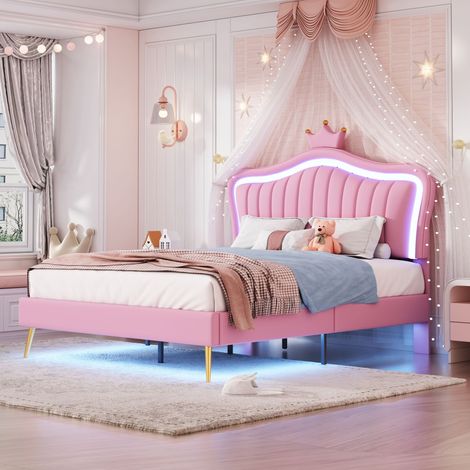 Lit Enfant 140x200 cm - Cadre de Lit Polsterbett Rose Couronne, Double Lit Fille en Cuir PU avec Lumières LED, Sommier et Dossier (Sans Matelas)
