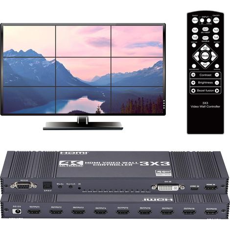 Contrôleur mural vidéo 3 x 3, processeur mural TV, processeur d'épissage multi-écran HDMI 4K à 30 Hz avec entrée HDMI+DVI+USB C, prend en charge 13 modes d'affichage 3 x 2, 2 x 3, 2 x 2, 4 x 2 (1/5)