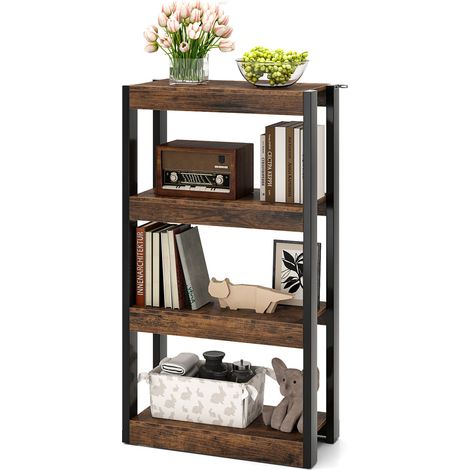 COSTWAY 4 Tier Bookshelf Wooden Bookcase with Dual Anti-Tipping Kits-Coffee (1/5)