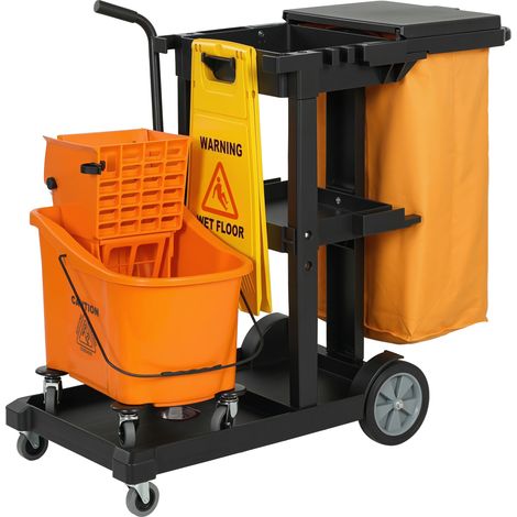 Chariot de nettoyage : Roues. 3 étagères. Sac de 70 L. Seau avec essoreuse.