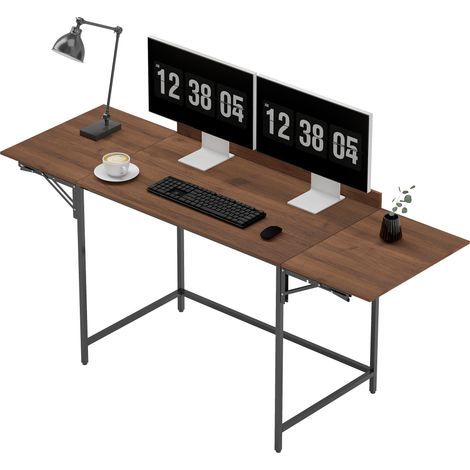 Bureau pliant table d'ordinateur 2 rabats pliables pour 2 écrans, pour chambre, petits espaces, 170 x 58 x 78 cm noyer
