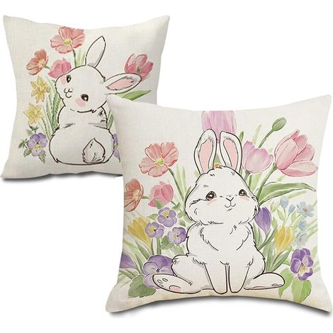 Housse Coussin 45x45 Pâques Florale Lapin Housse de Coussin, Housses de Coussin en Lin Taie, Blanc Housse De Coussins pour Coussin Canape (1/5)