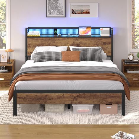 Lit 140x190 avec Sommier et Rangement, Cadre de Lit 140x190 en Métal avec Éclairage LED Réglable et Multiprise, Tête de Lits avec Panneau Perforé, Lits Double Style Industriel Marron Rustique (1/5)