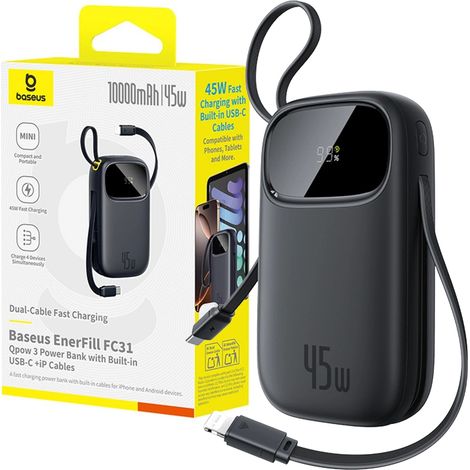 Batería externa EnerFill FC31 de 10000 mAh y 45 W con cables USB-C y Lightning para iPhone - Negra