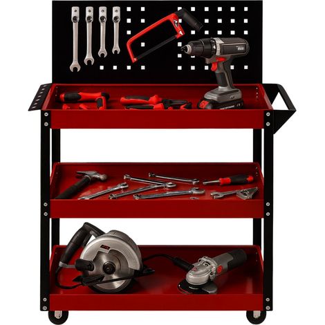 Carrello portautensili professionale a 3 ripiani con pannello forato - mis. 81x35x110 cm - Porta attrezzi in acciaio verniciato rosso e nero ruote gir (1/5)