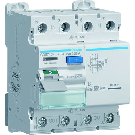 Interrupteur différentiel 3P+N 40A 30mA type B - HAGER CDB740F (1/3)