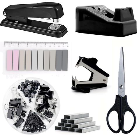 1 ensemble accessoire de bureau, agrafeuse + dévidoir ruban adhésif + arrache-agrafes + agrafes + trombones + ciseaux + languettes (1/5)