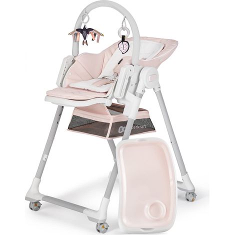 Chaise haute bébé evolutive de la naissance 2 en 1, Transat bébé avec Arche 2 jouets, Pliable, Position allongée, Réglable, Rose (1/5)