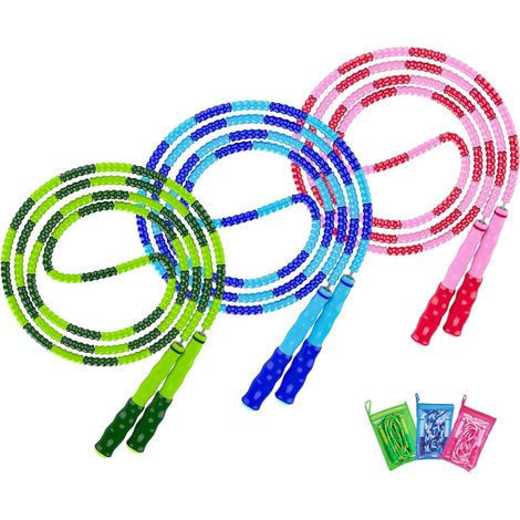 Corde à sauter, longueur ajustable, anti-nœuds, segmentée, souple et perlée, idéale pour le fitness, la perte de poids, pour enfants, hommes et femmes, 2,8 m (lot de 3). (1/5)