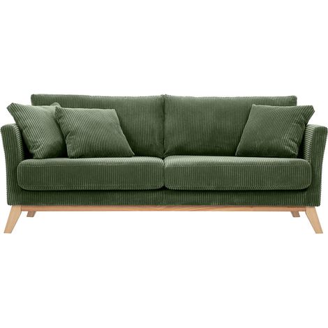 Skandinavisches Sofa mit abnehmbarem Bezug, 3-Sitzer in kordiertem Samtstoff khakigrün und hellem Holz OSLO (1/5)