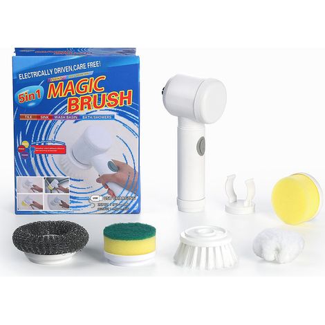 Cepillo de limpieza eléctrico Xiyin TEMU, limpiador multifuncional para cocina y baño, pulidor de zapatos eléctrico, cerdas de última generación (cargador blanco [caja de color con cinco cabezales]) (1/5)