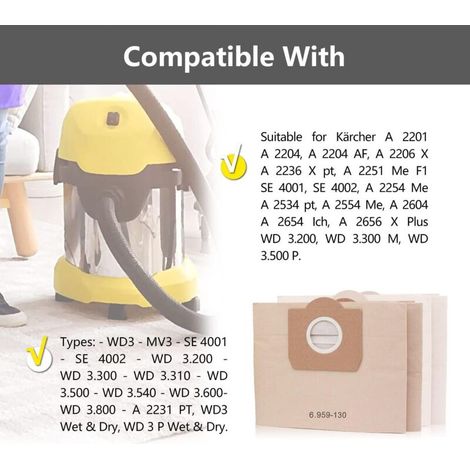 Lot de 10 sacs d'aspirateur pour Karcher 6.959-130.0 WD3 WD3P MV3 A2204 A2254 A2604 Sacs Filtrants en Papier de Rechange pour Aspirateur Wet & Dry, Sac à poussière pour aspirateurs Kärcher (1/4)