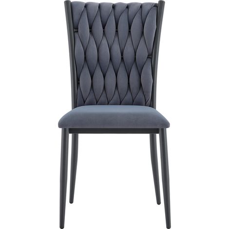 Silla de comedor de terciopelo gris oscuro con respaldo alto y patas de metal negro (1/5)