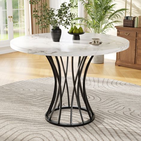 Table à manger ronde 80x80x76 cm, structure en MDF, placage marbre, pour 4-6 personnes, salle à manger et salon, pieds en métal, blanc+noir (1/5)