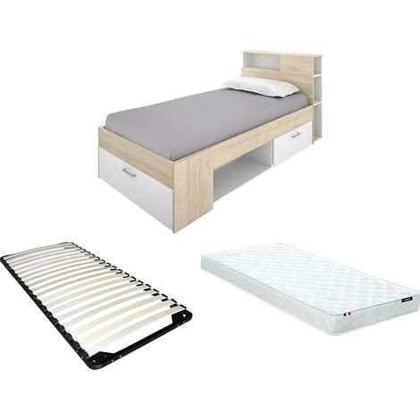 Letto + Materasso + Rete con testata, vani portaoggetti e cassetto 90 x 190 cm Bianco e Naturale - LEANDRE (1/5)