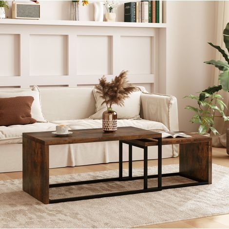 MEUBLIV Lot de 2 tables basses gigognes marron rustique et noir en MDF et métal (1/5)