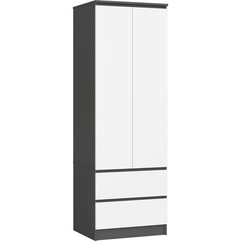 Akord – Armoire enfant 2 portes 2 tiroirs – Gris graphite et blanc – Dimensions 60x51x180 cm – Panneau stratifié 16 mm – Limiteur d'extension de tiroir