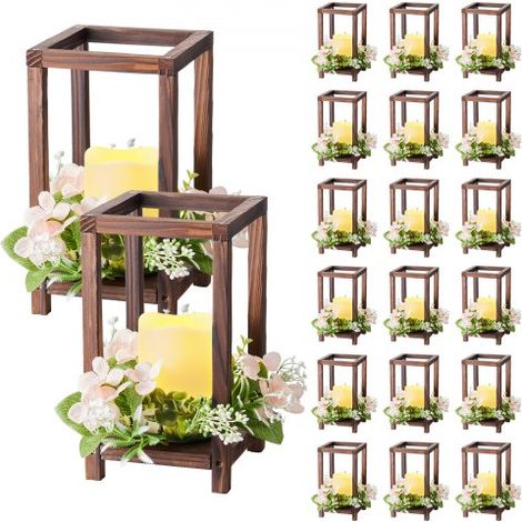 Faroles de Madera para Bodas 20 Juegos con Velas LED y Coronas de Flores, Farolillos para Velas 140 x 140 x 254,8 mm, Candelabros para Decoración Rústica de Mesa de Boda, para Fiestas, Marrón (1/5)