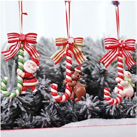 Adorno navideño de bastón de caramelo, juego de 3: Papá Noel, muñeco de nieve, reno, bastón de caramelo, decoración navideña, exquisito adorno para árbol de Navidad, 12 x 7,5 cm (1/5)