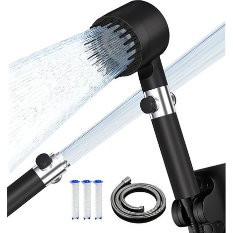 Pommeau de Duche Haute Pression, Pomme Duche Economie Deau, avec Tuyau Douche 1.5M et Support, Pommeau de Douche Anti Calcaire avec 4 Modes de Jet,Salle de Bain Réglable Bouton D'arrêt D'eau,black (1/5)