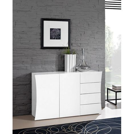 Dmora Buffet moderne, Buffet design avec 2 portes et 4 tiroirs, Made in Italy, Meuble TV, Buffet de salon, 124x40h82 cm, couleur blanc brillant, avec emballage renforcé (1/5)