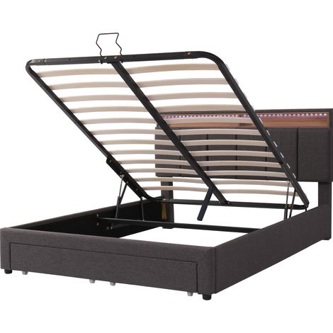 Polsterbett mit LED-Stauraum 140x200 cm grau aus Leinen, Stahlrahmen MODENUIT (1/5)