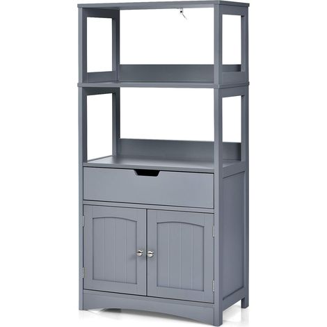 GOPLUS Meuble de Salle de Bain avec Tiroir et 2 Etagère, Meuble de Rangement en Bois du Style Minimaliste Moderne, pour Cuisine, Salon, Salle de Bain, 60 x 32,5 x 122 CM(Gris) (1/5)