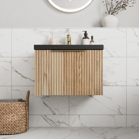Fluted 600mm Bathroom Vanity Unit Black Basin Wall Hung Cupboard Soft Close Oak (1/5)