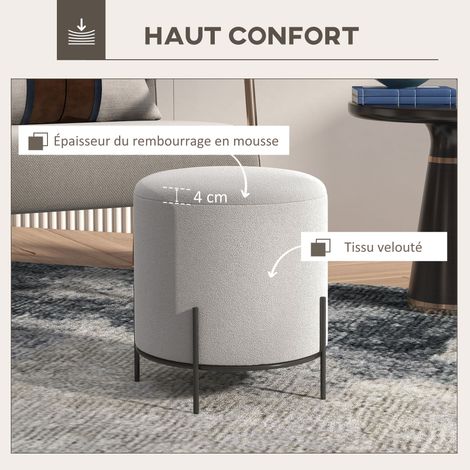 Pouf ottoman tabouret velours acier Ø35x38 cm gris clair (1/5)