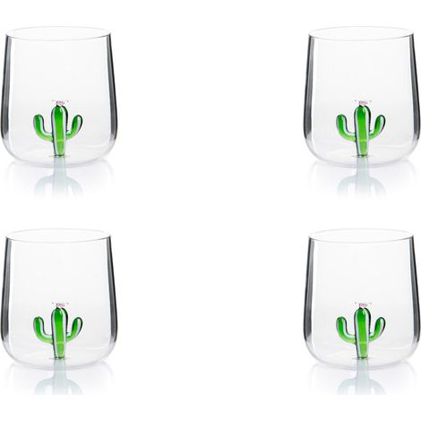 Lot de 4 verres en verre borosilicaté, décorés à la main avec des sujets intérieurs au verre, transparent, 450 ml (Cactus) (1/5)