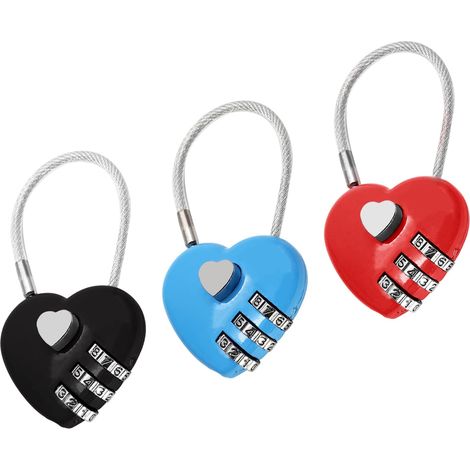Lot de 3 mini cadenas à code en forme de cœur, à combinaison 3 chiffres, pour boîtes, valises et bagages (rouge/bleu/noir) - Multicolore (1/5)