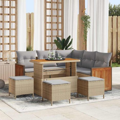 Gartensofa-set mit Kissen 9 pcs Beige und Hellgrau Poly-Rattan (1/5)