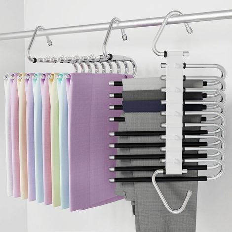 Lot de 2 cintres pliables multi-usages en forme de S, 9 couches, avec crochets pour pantalons, écharpes, jeans, noir (1/4)