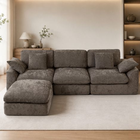 Canapé d’angle 3 places en chenille avec pouf – Canapé modulable Marron (1/5)
