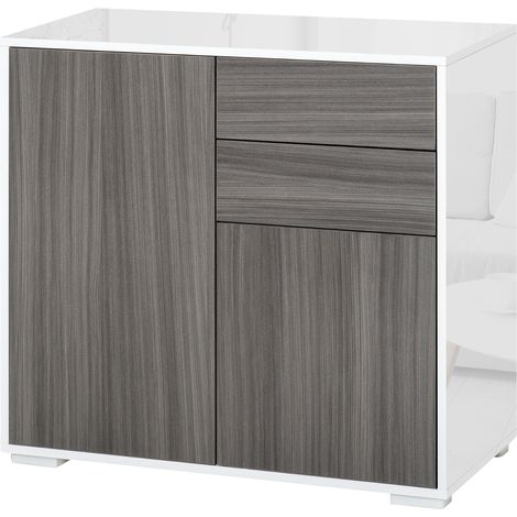 Buffet de cuisine à 2 portes, 2 tiroirs, structure blanche brillante, étagère réglable, ouverture par simple pression, idéal pour la chambre ou le salon, 79 x 36 x 74 cm, gris (1/5)