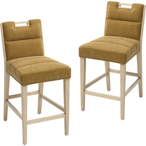 Wahson Lot de 2 Tabouret Bar Bois sans Accoudoirs, Chaise Haut Bar en Chenille, Tabourets de Comptoir pour Ilot Central, Cuisine, Salle à Manger, Jaune
