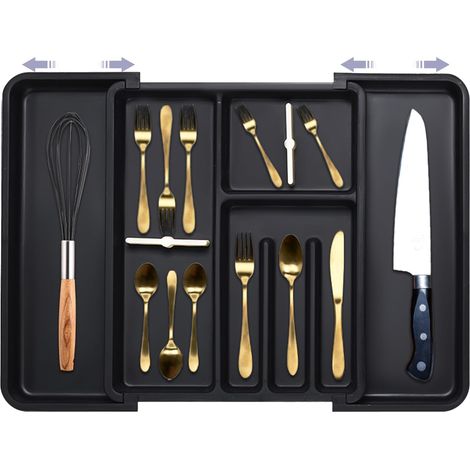 Range Couverts Extensible pour Tiroir Cuisine avec 9 Compartiments, Organisateur Réglable pour Ustensiles et Couverts (Noir-RX) (1/5)