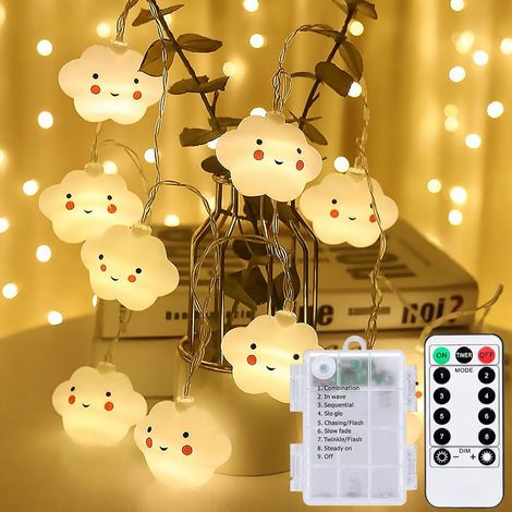 Guirlande lumineuse en forme de nuages pour chambre d'enfant, avec minuteur et télécommande, 3 mètres, 8 modes, 20 LED, lumières décoratives pour chambre à coucher, mariage, Noël (1/5)