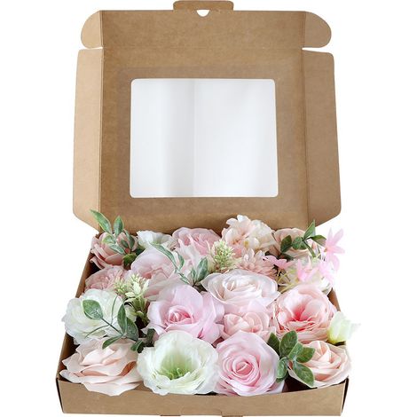 [Schachtel mit rosa und weißen Rosen] Künstliche Blumen mit Stielen, DIY-Hochzeitsdekoration, Brautstrauß, Blumengeschenkbox mit Hochzeitsfigur (1/3)