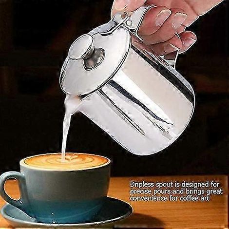 Tasse à mousser le lait en acier inoxydable avec couvercle pour expresso, cappuccino et latte art - 350 ml pour le bureau et la cuisine 2025 (1/4)