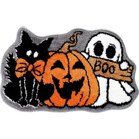 Tapis de bain Halloween (motif fantôme, citrouille ou chat noir) – Tapis touffeté antidérapant pour salle de bain et douche – Convient aussi pour l'entrée, la cuisine, la chambre ou le porche (1/5)