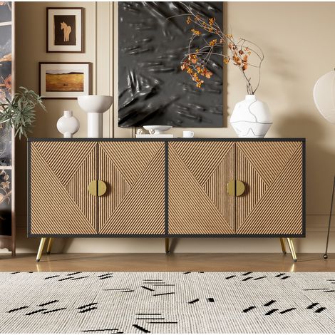 Aparador de 4 puertas MDF y tablero de partículas negro y madera 160x40x75 cm con bisagras de cierre suave (1/5)