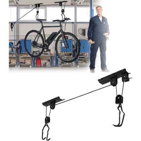 Élévateur à vélo - Palan mécanique - Jusqu'à 20 kg - Tôle d'acier et nylon - Crochets recouverts de caoutchouc (1/4)