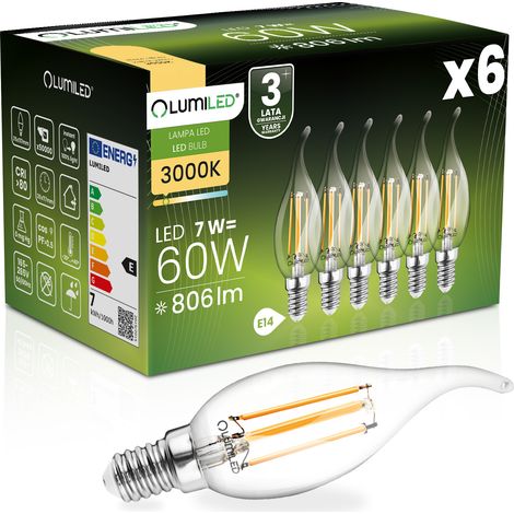 6x LED-Lampe E14 Kerze BA35 7W = 60W 806lm 3000K warmweiß 360° Glühfadenbeleuchtung