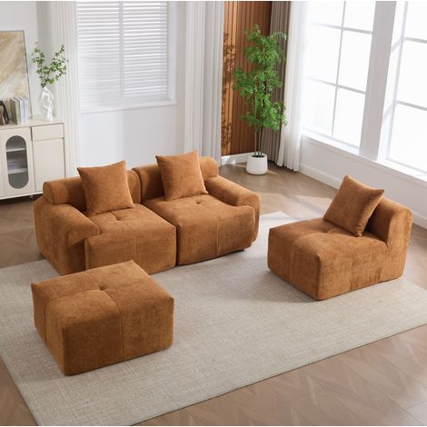 Canapé d’angle modulable en L en tissu orange, 3 places, 268×102×81 cm, sans montage (1/5)