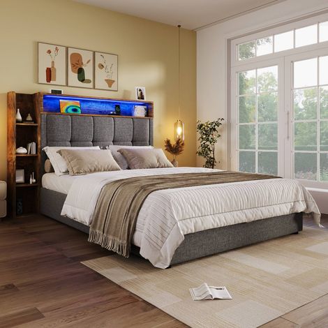 Lit 90x200 cm  avec rangements intégrés, éclairage led, commande par appuiapplication et chargeur usb-c, sans matelas, tissu gris (1/5)