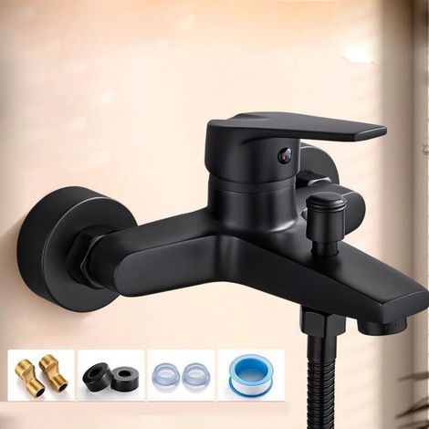 Mitigeur Monocommande Bain Douche Noir, Robinet Baignoire Mural, Robinet Douche Mitigeur Baignoire, Raccord Fileté pour Flexible, Noir (1/2)