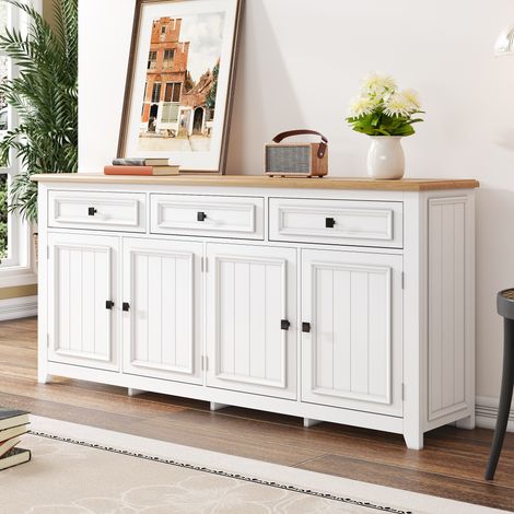 Buffet à 3 tiroirs et 4 portes, design minimaliste, étagères réglables, MDF, 160 x 35 x 76 cm, blanc (1/4)